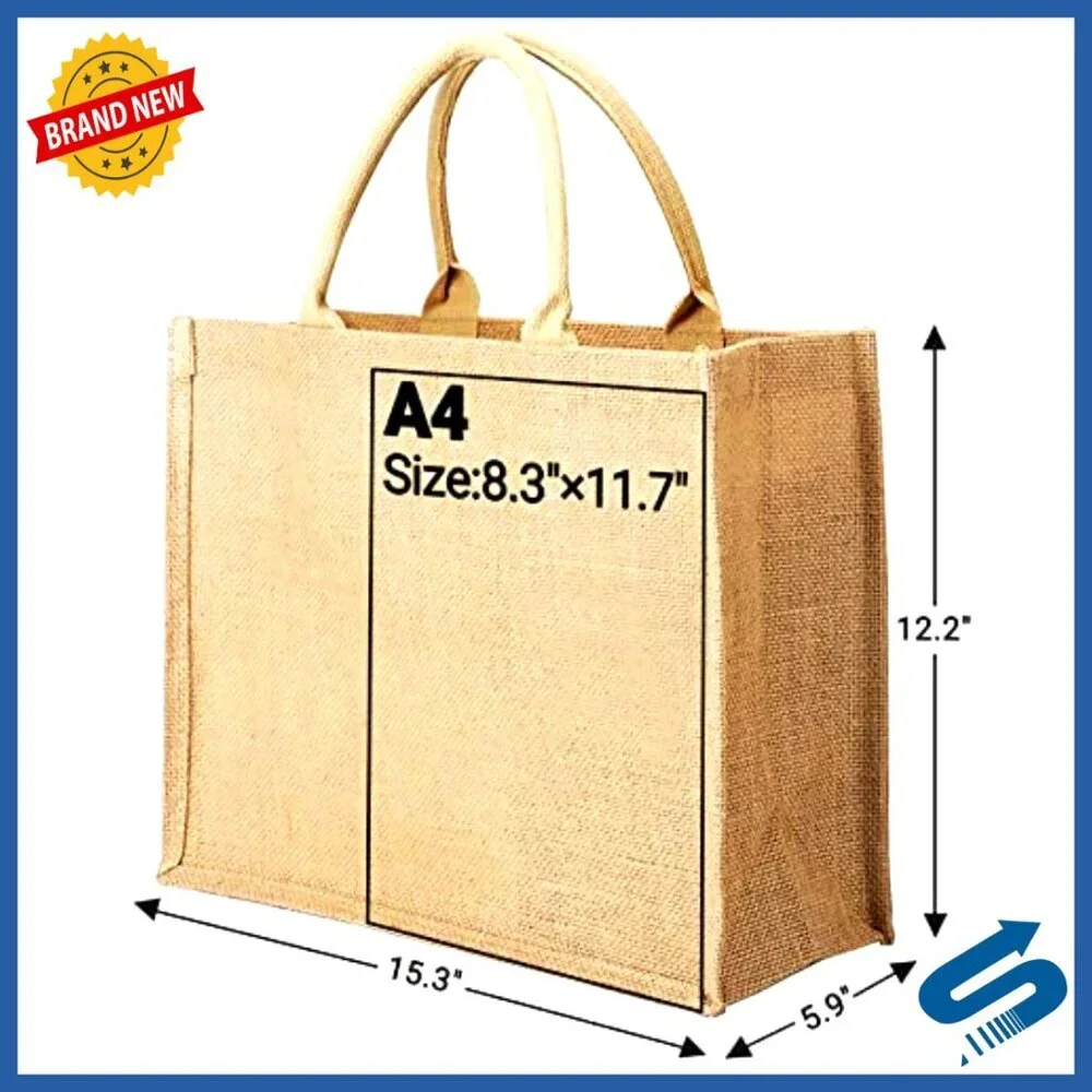 Large Burlap Jute Canvas Tote Bags 3 Pack Reusable Grocery Shopping Beach